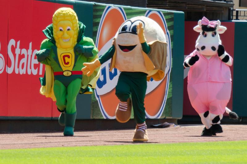 The MFC Farm Team, comprised of [L-R] Captain Cornelius, Simon the Soybean and Sweet Bessie, is helping increase awareness and understanding of Missouri agriculture with St. Louis Cardinals’ fans. The trio will be racing in Busch Stadium at every Friday night home game. Photo Credit: Missouri Farmers Care
